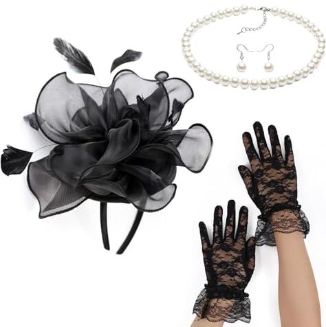 MULAIDI Fascinator fascia+guanti di pizzo+collana di perle+orecchini per cocktail tea party costume anni '20 per donna velo fascinator per le donne