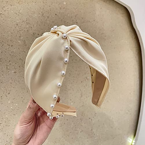 Generic Moda Dongdamen Nuova fascia Tessuto tinta unita Nail Pearl Croce Fascia Hairpin Ladies Hair Bundle R, Beige Fabric Wide Side Nail Pearl Hairband