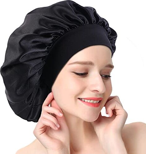 AONAT Berretto da Notte Raso, Seta Grande Cuffia con Elastico a Banda Larga, Dormire Cappello per Donne Ragazza Capelli Ricci Cura (Nero)