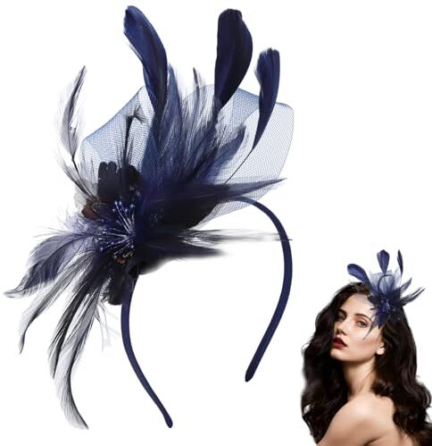 Larfraecy Velo Da Sposa Grande Cappello E Piume Per Feste Di Nozze Cappellino A Tamburello Lana Vintage Clip Elegante Capelli Del Partito Wedding Cocktail Prom (blu navy)