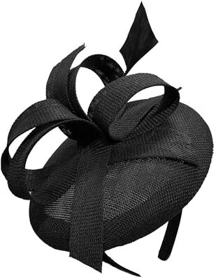 Caprilite Cappello pillbox in sinamay, con decorazione con spirali astratte e una piuma lunga, hatinator fascinator per le corse di Ascot (nero)