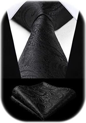 HISDERN Cravatta Uomo Elegante Cravatta Nera Paisley e Fazzoletto Set Cravatte Seta Tinta Unita per Matrimonio Festa Funerale Lavoro