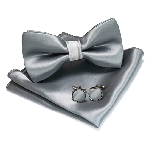 JEMYGINS Papillon da uomo Silver4 Papillon in raso e fazzoletto da taschino con gemelli