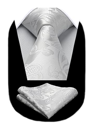 HISDERN Cravatta Uomo Bianco Cravatte da Uomo Cravatte Sposa Formale Cravatta Uomo Paisley Floreale Set Cravatte
