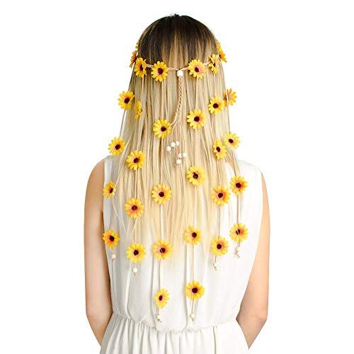 Generic Behemain Fascia per capelli con fiori hippie, corona floreale, con girasoli e perline, accessorio per capelli da sposa per ragazze e donne