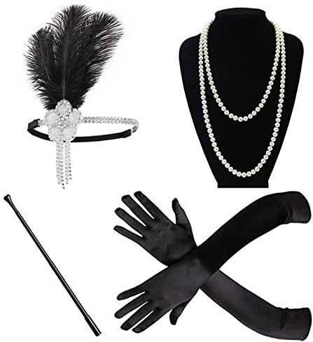 PiurUf Fascia Di Piume Bianco 1920s Flapper Fascia Accessori Gatsby Style 20s Copricapo Fascia Piume Di Pavone (Color : Black Set, Size : Taille unique)