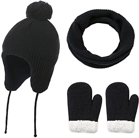 Camidy Toddler Hat Scarf Gloves Set for Boys Girls Winter Warm Fleece Lined Knit Hat with Earflaps Neck Warmer Medium