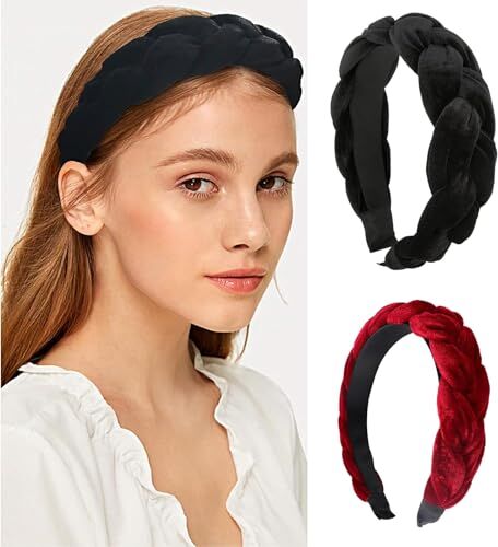 MisFun 2 Pezzi Cerchietto Capelli Donna, Cerchietti per Capelli Velluto Intrecciati, Turbante Fasce, Vintage Eleganti Fermacapelli, Fasce Capelli Donna per L'uso Quotidiano e Feste(Nero, Rosso)