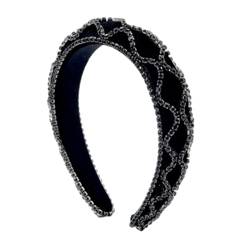 Antique Cerchietto per capelli in spugna a catena di cristallo resistente, stile retrò, con strass, colore: nero