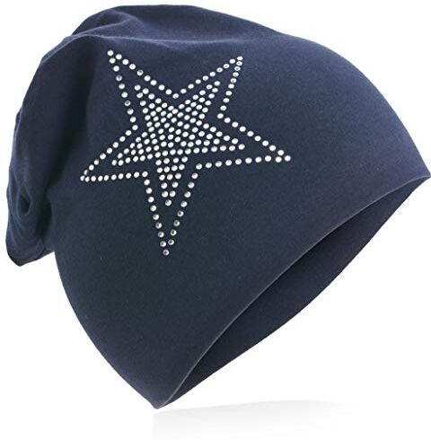 Miobo Berretto lungo in jersey, da bebè, unisex, in cotone, motivo con stella a strass 2 stelle, nero e blu. 48-53 cm Circonferenza Della Testa