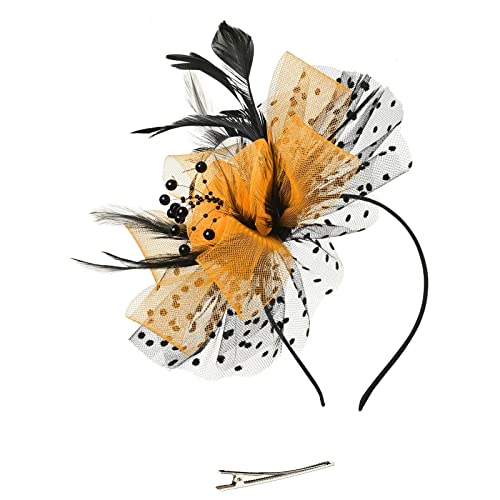 Generic Cappello da donna, per matrimonio, cocktail, fiori, piume, fermagli per capelli da tè e feste, fascia larga da donna (oro, taglia unica)