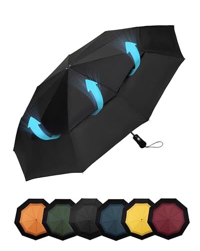 Chakipee Ombrello Pieghevole Pioggia da Viaggio Antivento Ombrelli Portatile Nero per Uomo Automatico Apri Chiudi, Doppio Baldacchino Ventilato, Rivestimento in Teflon 210T Apertura 102 cm 9 ossa