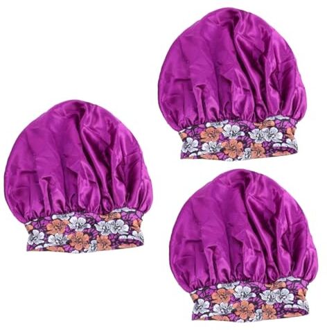 Housoutil 3 Pz cuffia da doccia in raso silk cap waterproof morbide fitness fashion hat tappo bidet stampa cappello berretto da notte sciarpa donna per poliestere Viola