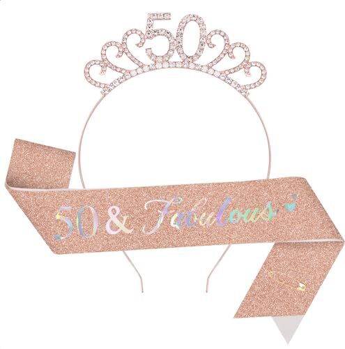 TOPWAYS 50 Anni Compleanno Donna Decorazioni Corona Sciarpa Set, 50 Anni Fabulous Sash e Strass Coroncina Compleanno per Decorazioni Festa di Compleanno 50 anni Ragazza Donna (50 Fabulous, Rosa Oro)