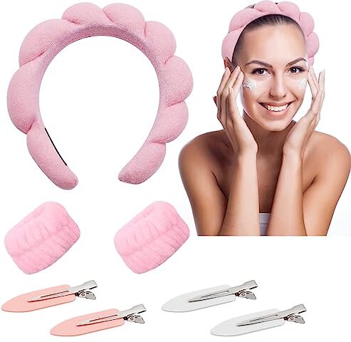 Yeria 1 Fascia Capelli Donna,Cerchietto Capelli in Spugna Trucchi Donna,2 Polsino in Pile Fascia del Polso,Accessori per Capelli per la cura Della Pelle, il Lavaggio e la Doccia,Con 4 Fermagli Capelli(Rosa）