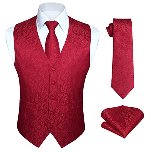 HISDERN Gilet da uomo Paisley floreale jacquard floreale cravatta tasca quadrata fazzoletto vestito set Rosso M