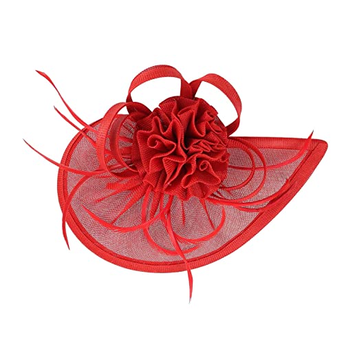 Generic Cerchietto per capelli da donna con cappello con fiore e piume, in rete, per feste del tè, fascia per capelli da donna (rosso, taglia unica)