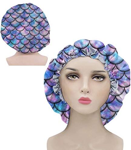 chaqlin Cappellino a forma di sirena, in raso, con fascia elastica larga per capelli ricci, trecce, dreadlock, capelli lunghi