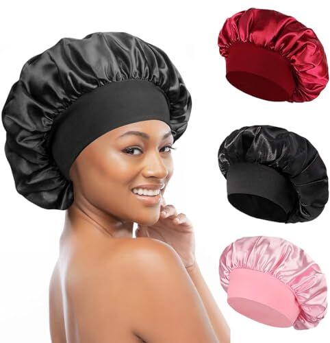 CISKHQR 3 Pezzi Cuffia Seta Capelli Ricci, Berretto da Notte Raso Elastico Cuffia Capelli Ricci Notte, Cappello da Notte Raso Donna per Protezione dei Capelli Ricci Lunghi e Corti