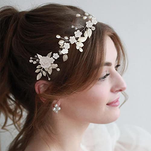Unicra Fiore sposa sposa capelli vite argento floreale accessori per capelli perla nuziale fascia copricapo per le donne