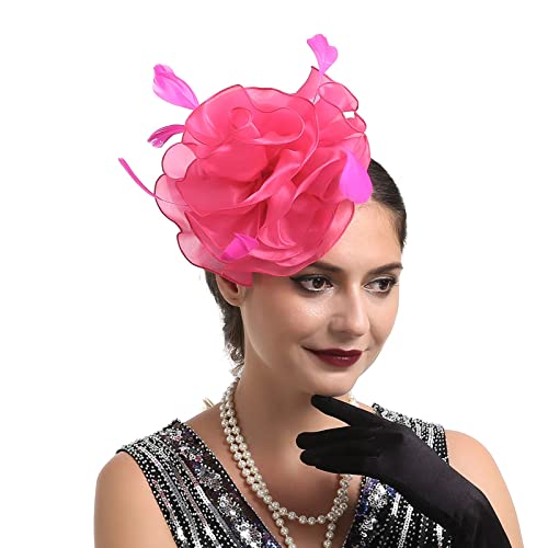 Yinguo Annodato Turbante Fascia Cappello Per Donne Matrimonio Fiore Cocktail Mesh Piume Capelli Clip Tè Party Fascia Fascia Sport Cerchietto per Uomini (Rosa Caldo) Taglia Unica