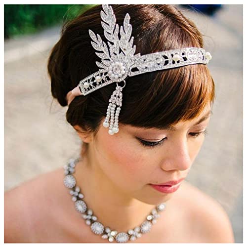 GERRIT Fascia Di Piume Argento 20s copricapo vintage 1920s fascia fascia flapper grande gatsby accessori gioielli Fascia Piume Di Pavone (Color : Silver Headband, Size : Free size)