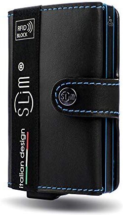 SLim Porta Carte di Credito Schermato Portafoglio Uomo Rfid Portatessere Anticlonazione Donna Portacarte Uomo (Nero Cuciture Blu, Senza Zip)