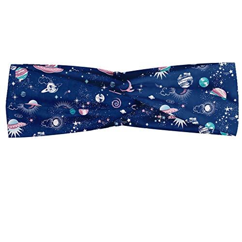 ABAKUHAUS Cielo blu Fascia per Capelli, Galaxy Planets Stelle Art, Elastico e Morbido per lo Sport e l'Uso Quotidiano per Donna, Dark Sky Blu Bianco