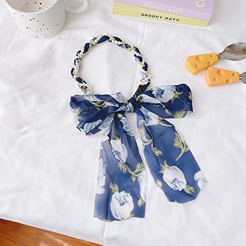 Generic Princess Pearl Hairband Ribbon Pearl Hairband Intrecciato Capelli Catena Copricapi Tessuto Nappa Fascia Estate Floreale Legatura Hairband,F Blu Navy Un Fiore Hairband