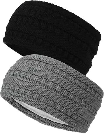 Hileyu 2 pcs Fascia Invernale a Maglia,Fascia per Capelli a Turbante in Maglia Invernale Cerchietti per Capelli da Donna Fascia per Capelli Intrecciata all'uncinetto (Nero+Grigio chiaro)