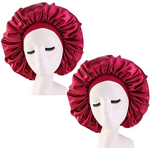 NiceLand Cuffia Seta Capelli Ricci, 2 Pezzi Cappello da Notte Raso,Cuffia Seta Capelli Ricci per Dormire,Cappello da Notte per Donna (vino rosso)