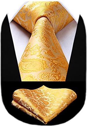 HISDERN Cravatta Uomo Elegante e Fazzoletto Cravatta Gialla Oro Paisley Set Cravatte Seta con Pochette per Matrimonio Festa Lavoro