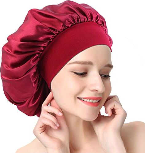 AONAT Berretto da Notte Raso, Seta Cuffia per Capelli con Elastico a Banda Larga, Grande Cuffia da Notte, Dormire Cappello Protezione dei Capelli, Donna Cuffia Capelli Ricci Notte Bonnet (Rosso)