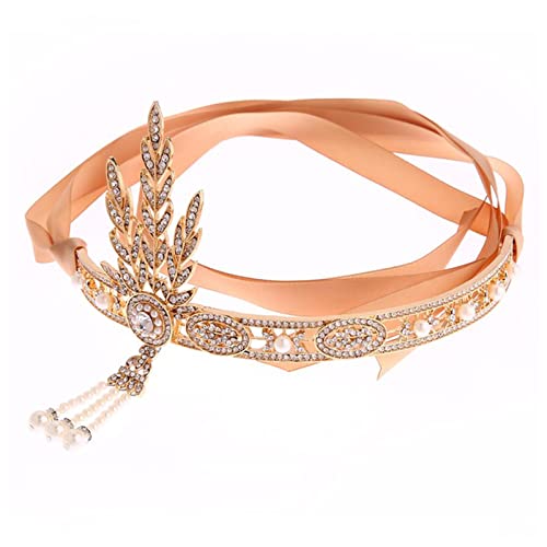 GERRIT Fascia Di Piume Argento 20s copricapo vintage 1920s fascia fascia flapper grande gatsby accessori gioielli Fascia Piume Di Pavone (Color : Gold-headband, Size : Free size)