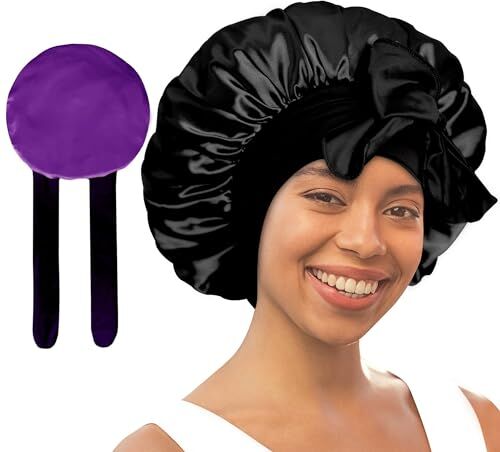 BONNET QUEEN Cappello Notturno Regolabile, Satin Seta Reversibile, Ampia Fascia di Elastica, M Nero e Viola Scuro