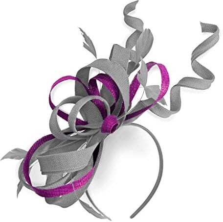 Caprilite Mix Swirl Fascinator cappello su fascia per matrimonio Ascot Races su misura Sinamay per donne (grigio argento e prugna)