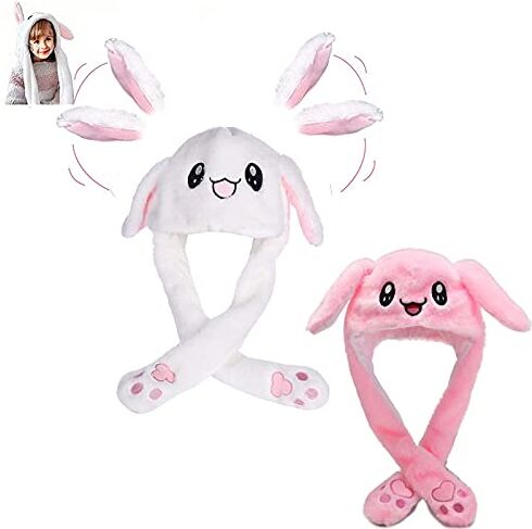 Yuemuop 2 Pezzi Divertente Cappello da Coniglietto, Cappello con Orecchie di Animali in Peluche, Cappello con Orecchie Che Si Muovono per Donne e Bambini (Bianco Rosa)