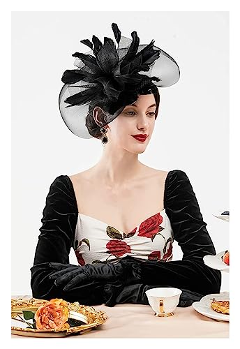 MAYNUO Cappello Fascinators for donna, fascia for tea party Kentucky Derby matrimonio cocktail fiore maglia piume accessori for capelli da sposa (Color : Black, Size : 1)