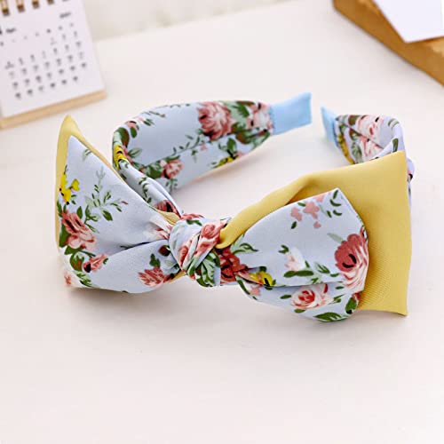 Generic Giappone e Corea del Sud Stampato Arco Fascia Primavera ed Estate Chiffon Stampato Tessuto Testa Gioielli Ragazza Carina Partenza Partenza Carta F, Stampa Blu + Fiocco Giallo Fascia