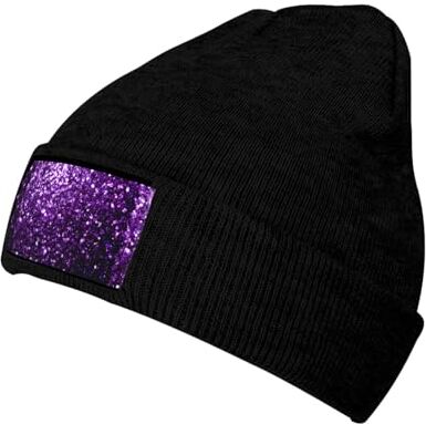 WURTON Bella Viola Glitter Stampa Casual Beanie Donne Uomini Maglia Cappello Caldo Inverno Berretti Cap Moda Cuffed Beanie, nero, taglia unica