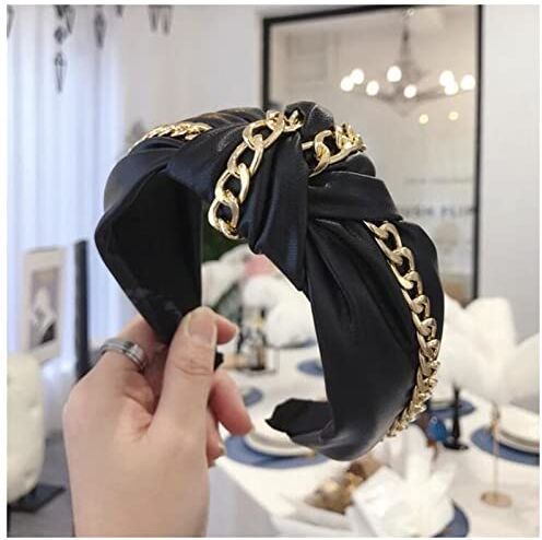 PiurUf Fascia Per Capelli La moda PU. Pelle Hairband Ampia laterale Ambra Banda Donne brillanti Catena d'oro Catena Copricapo Casual Accessori for capelli Casual Fascia Per Capelli Donna (Size : Black hairb