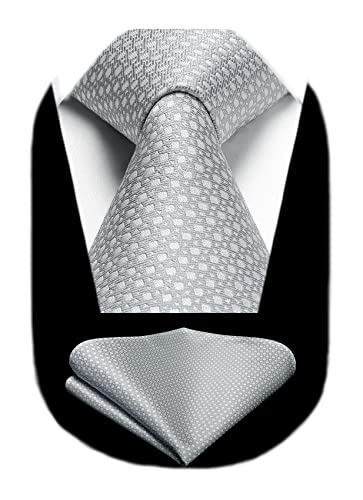 HISDERN , Set composto da cravatta e fazzoletto da taschino da uomo, motivo a quadri, per matrimoni, occasioni formali e affari, F-grigio, Taglia unica