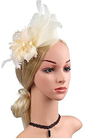 ArinkO Cappello Fascinator da donna, fermagli for capelli Copricapo Fiore Piuma Maglia Filato Cocktail Party Accessori for capelli da sposa (Color : Beige, Size : 1)