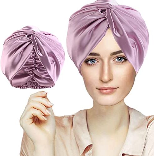 FZHGVML Cuffia Seta Capelli Ricci, Cuffia Capelli Ricci Notte per Dormire, Doppio Strato Cuffia di Seta per la Notte Capelli Ricci, Abbina Fascia Elastica Forte Applicare al Lavaggio, Trucco, Sport (Viola)