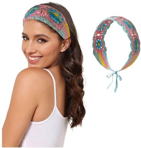 Generic Fasce per capelli da donna, stile hippie, bandana, cravatta indietro, fascia per capelli in maglia per ragazze, fascia larga per capelli floreale all'uncinetto, Bcr451 (blu, taglia unica)