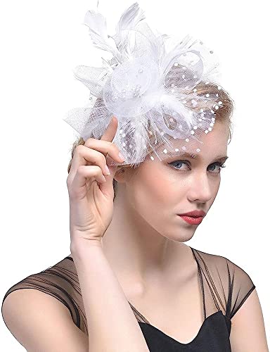 QUNINE Fascinators in rete per le donne Cappello da tè per feste Cappelli Fiore Maglia di piume Fascia per capelli Festa nuziale Fascia per fiori di piume bianche (Colore : Khaki, Taglia : One Size) (White