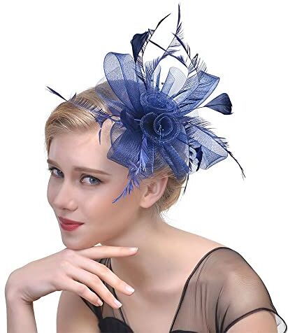 Generic Fascinators Cappello a cilindro per matrimonio con Alice con fiore in rete, per capelli, copricapo e piume, fascia per capelli (blu navy)