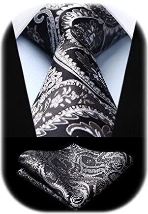 HISDERN Cravatta Nera Paisley Cravatta Uomo Elegante Set Cravatte Seta e Fazzoletto con Pochette Classiche per Matrimonio Festa Lavoro