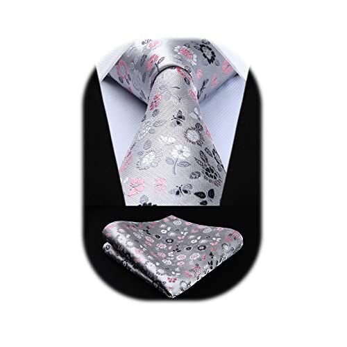 HISDERN Set da cravatta e fazzoletto da taschino classico da uomo con cravatta floreale