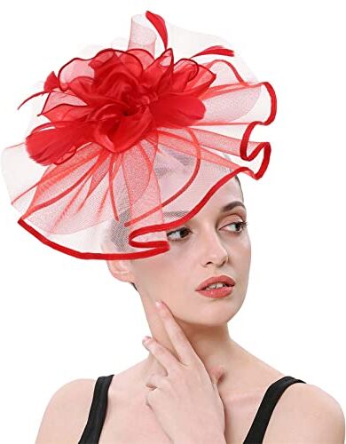 Yinguo Fascinators Fascinators Cappello da donna a forma di fiore, per tea party, cocktail, matrimoni, chiesa, doppio uso di fermagli per capelli e cerchi (B-rosso, taglia unica)